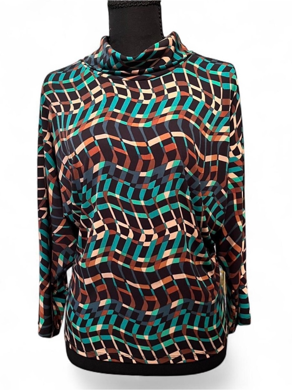 Joseph Ribkoff Geometric Print Cowl Neck Top in Teal, Brown, Black, and Cream
